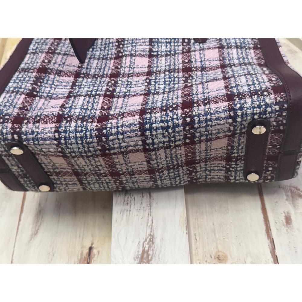 Kate Spade Plaid Burgundy Blue White Tweed Tote Shoulder Bag NWOT - Picture 8 of 16
